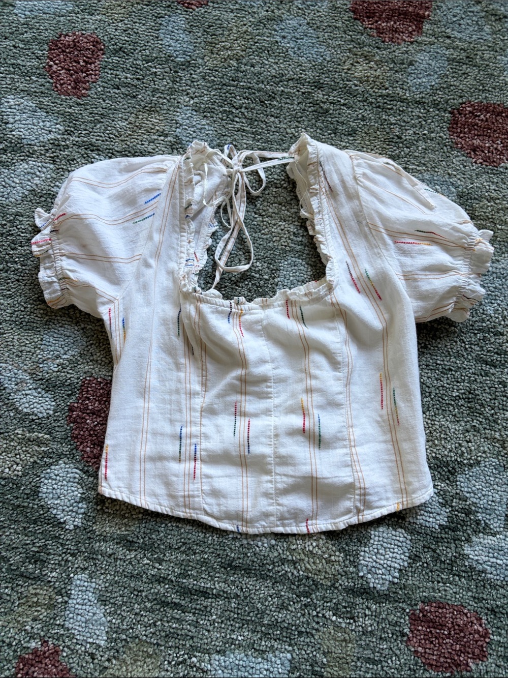 Free People White Peasant Top with Multicolor Stitching